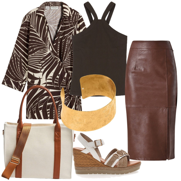 Outfit donna - Giungla d ufficio. Stile Urban per Ufficio. Abbinamento con bluse, top, shopping bag, gonne longuette, zeppe, braccialetti.