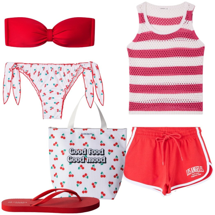 Outfit donna - Terranova Summer vibes. Stile Preppy per Mare. Abbinamento con bikini, shorts, infradito, top, borse tote, bikini.