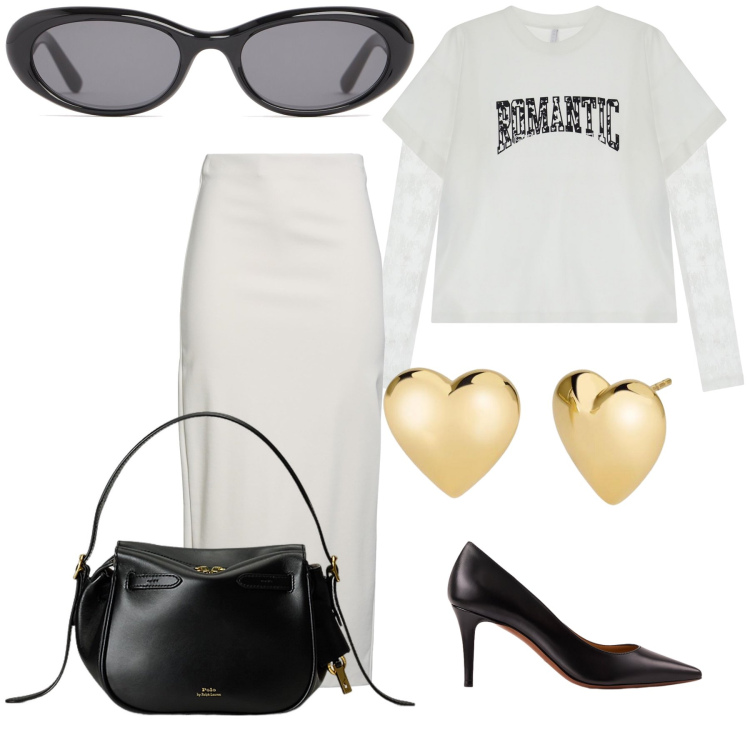 Outfit donna - Romantic with two hearts. Stile Bon Ton per Ufficio. Abbinamento con gonne longuette, orecchini, t-shirt, borse a mano, décolleté, occhiali da sole.