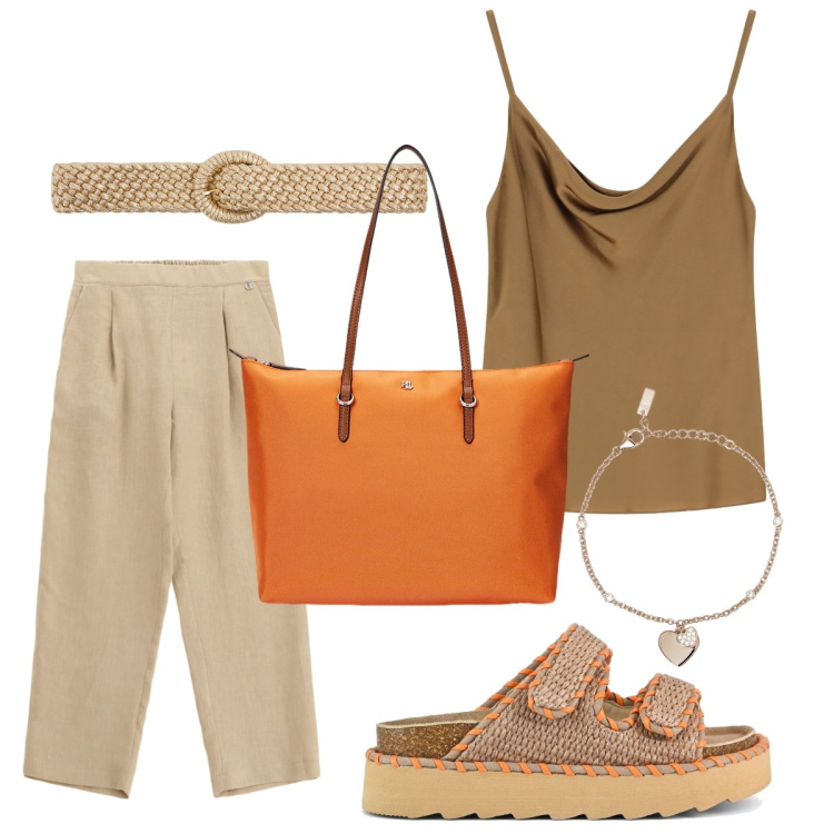 Outfit donna - I pantaloni beige. Stile Casual chic per Tutti i giorni. Abbinamento con cinture, braccialetti con ciondoli, top, pantaloni, borse tote, sandali.