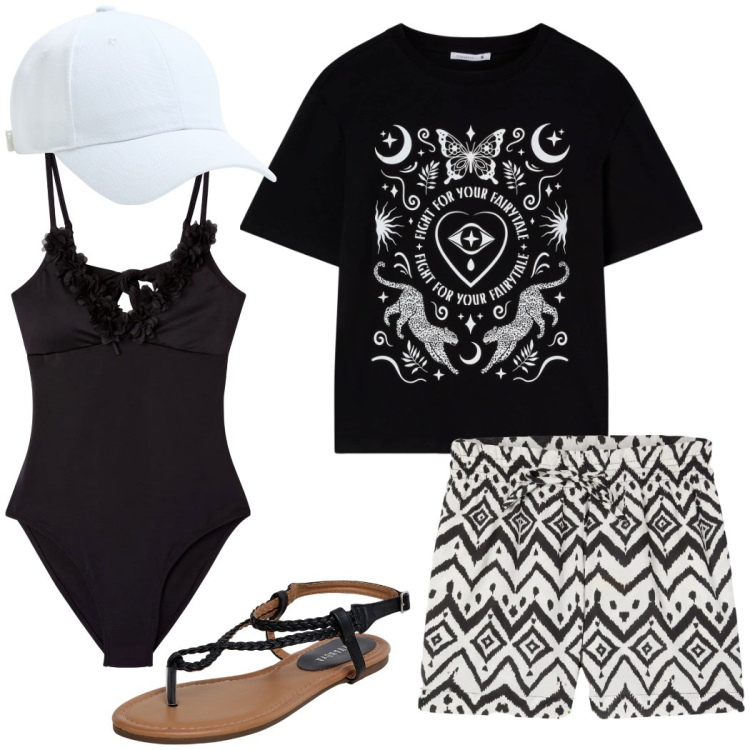 Outfit donna - Terranova Summer sale. Stile Etnico per Mare. Abbinamento con t-shirt, ciabatte, shorts, cappelli, costumi interi.