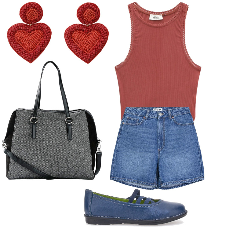 Outfit donna - Giocosi e romantici orecchini. Stile Casual chic per Tutti i giorni. Abbinamento con borse a mano, bermuda, top, orecchini, ballerine.