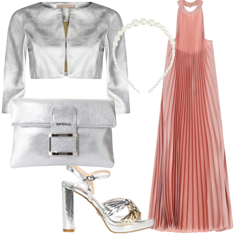 Outfit donna - Testimone rosa argento. Stile Glamour per Cerimonia. Abbinamento con bolero, sandali in pelle, pochette, vestiti lunghi, cerchietti.