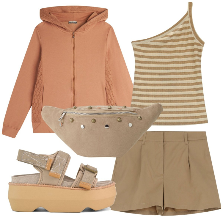 Outfit donna - Trendy in montagna. Stile Sporty chic per Tutti i giorni. Abbinamento con shorts, top, felpe con cappuccio, marsupi, sandali col tacco.