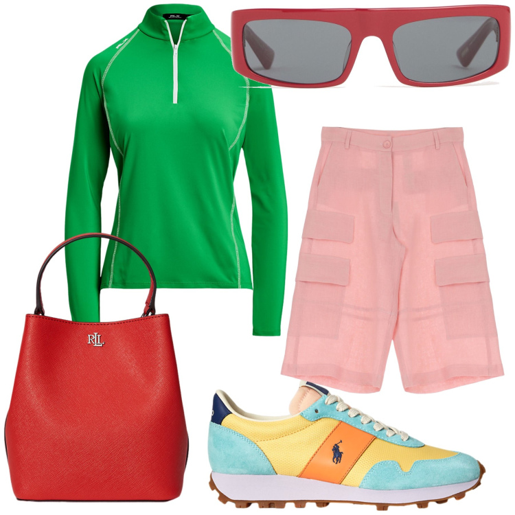 Outfit donna - Arcobaleno in montagna. Stile Trendy per Tutti i giorni. Abbinamento con shorts, borse a secchiello, sneakers, pullovers, occhiali da sole.