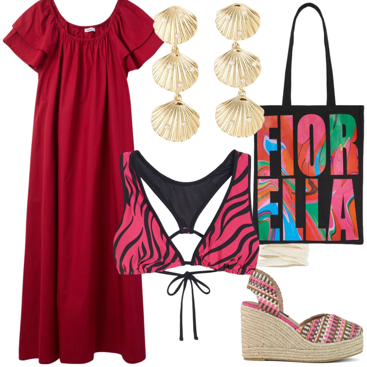 Outfit donna - Sul lungomare al tramonto. Stile Trendy per Mare. Abbinamento con vestiti lunghi, orecchini, bikini, zeppe, borse tote.