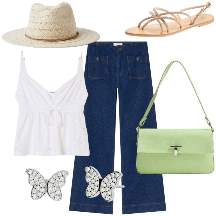 Outfit donna - Saldi estivi Terranova. Stile Casual chic per Tutti i giorni. Abbinamento con canottiere, sandali, cappelli, borse a spalla, jeans, orecchini.
