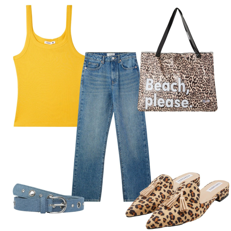 Outfit donna - Un tocco animaler. Stile Casual per Tutti i giorni. Abbinamento con sabot, borse tote, cinture, jeans dritti, canottiere.