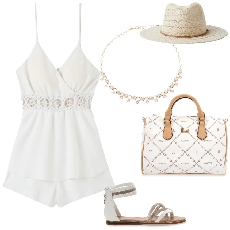 Outfit donna - Serata tra amici al mare. Stile Casual chic per Serata fuori. Abbinamento con tuta corta, cappelli, collane, sandali, borse a mano.