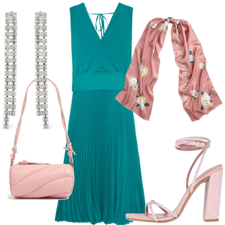 Outfit donna - Cerimonia in verde e rosa. Stile Chic per Cerimonia. Abbinamento con sandali in pelle, foulard, vestiti lunghi, orecchini, borse a spalla.