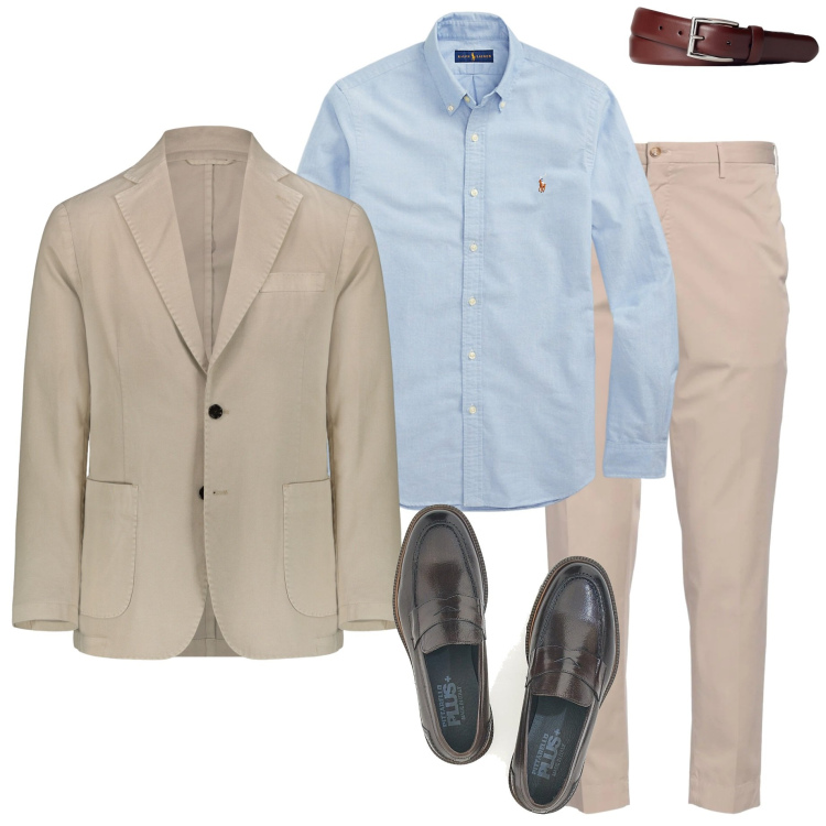 Outfit uomo - Riunione in ufficio. Stile Business/Elegante per Ufficio. Abbinamento con pantaloni chino, camicie, cinture, scarpe stringate, giacche.