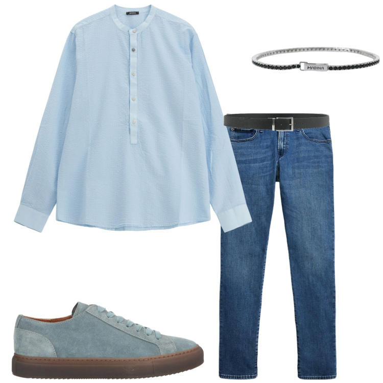 Outfit uomo - Cena fuori. Stile Casual per Serata speciale. Abbinamento con cinture, sneakers, braccialetti, camicie, jeans.