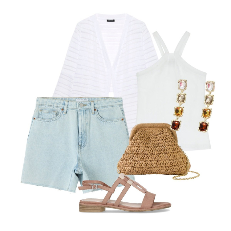 Outfit donna - L\'amico bermuda!. Stile Casual chic per Tutti i giorni. Abbinamento con borse a tracolla, bermuda, top, orecchini, bolero, sandali.
