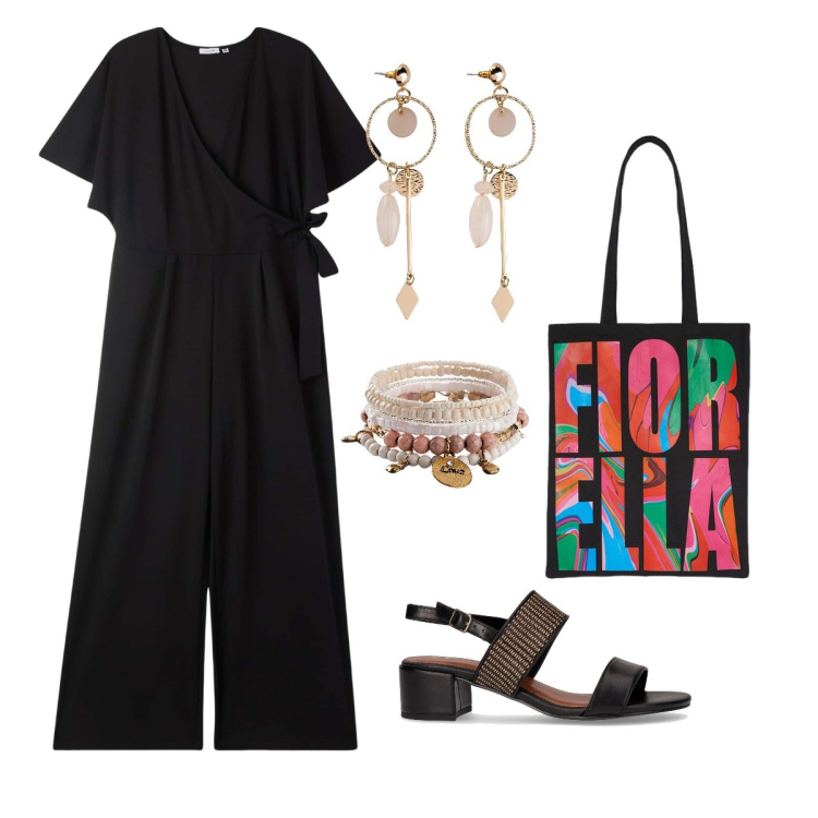 Outfit donna - Black and colors. Stile Casual per Tutti i giorni. Abbinamento con braccialetti, orecchini, tute, borse tote, sandali col tacco.