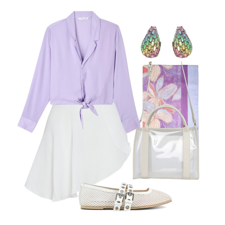 Outfit donna - Ballerine contro l\'afa. Stile Chic per Tutti i giorni. Abbinamento con camicie, borse tote, orecchini, minigonne, ballerine, stole.