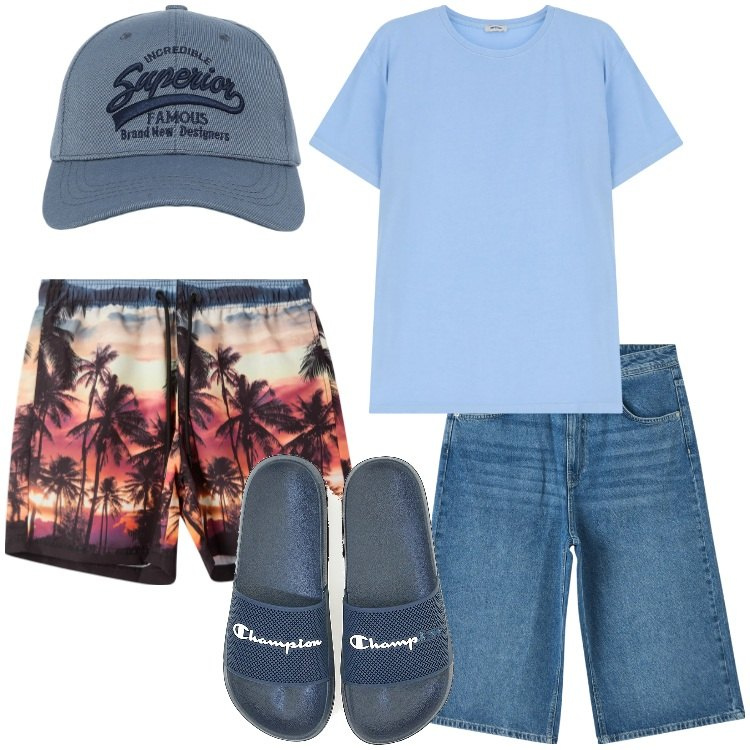 Outfit uomo - Gli short da mare. Stile Trendy per Mare. Abbinamento con pantaloni corti, cappelli con visiera, costumi, t-shirt, sandali.