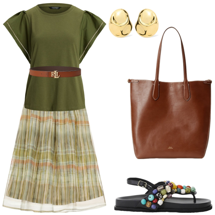 Outfit donna - Verde boho. Stile Boho per Tutti i giorni. Abbinamento con gonne lunghe, sandali gioiello, cinture, borse tote, t-shirt, orecchini.