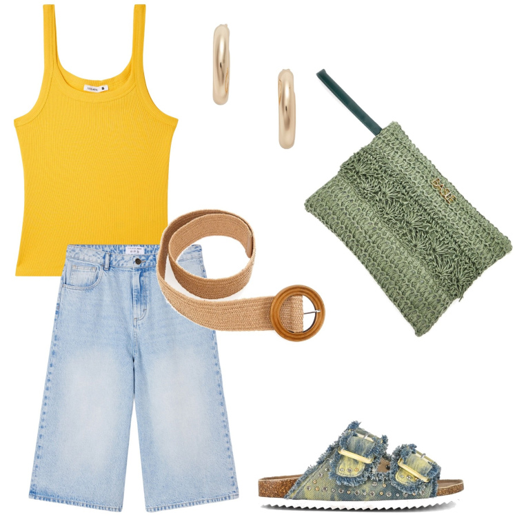 Outfit donna - Terranova easy. Stile Casual per Mare. Abbinamento con canottiere, pantaloni corti, orecchini, sandali, cinture, pochette.