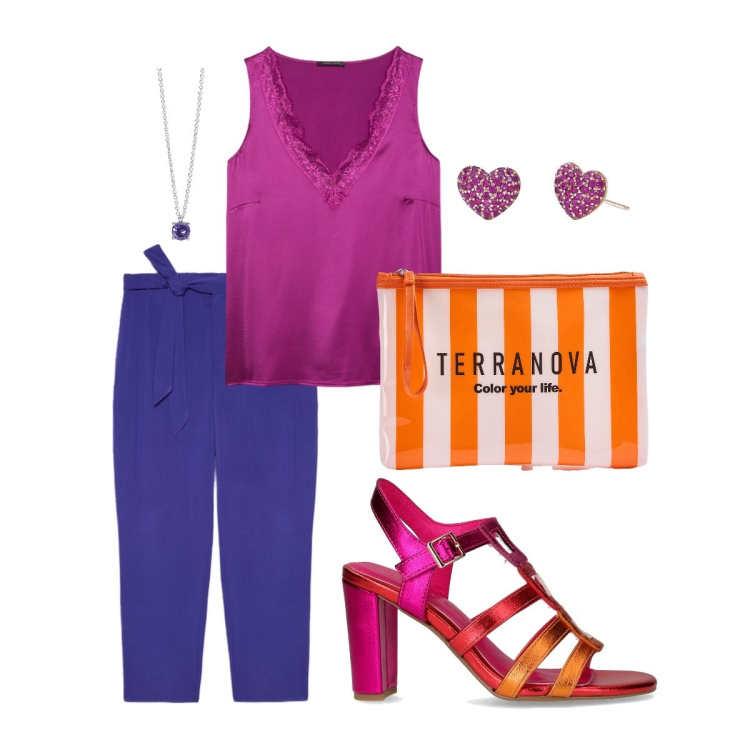 Outfit donna - Colors. Stile Casual chic per Serata fuori. Abbinamento con pochette, orecchini, collane, pantaloni, top, sandali col tacco.