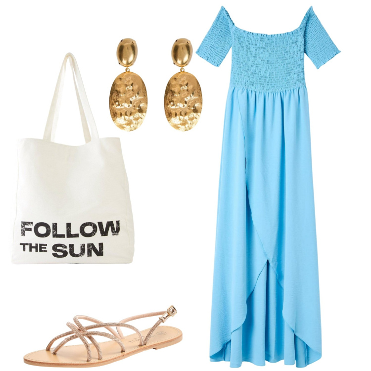 Outfit donna - Terranova sun. Stile Casual per Tutti i giorni. Abbinamento con shopping bag, vestiti lunghi, sandali, orecchini.