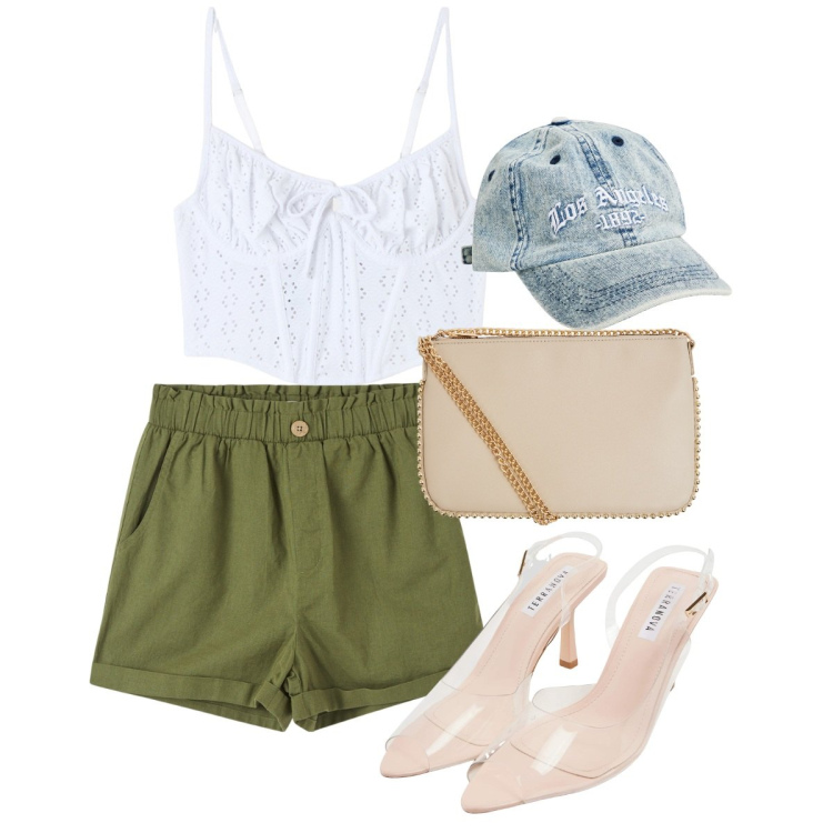Outfit donna - Terranova il tacco invisibile. Stile Glamour per Serata fuori. Abbinamento con pantaloni corti, sandali col tacco, top, borse a tracolla, cappelli con visiera.