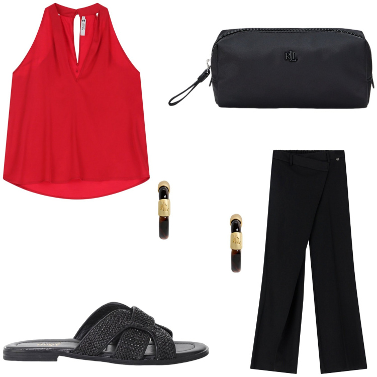 Outfit donna - Rosso di sera. Stile Chic per Tutti i giorni. Abbinamento con top, pantaloni, sandali, orecchini, pochette.