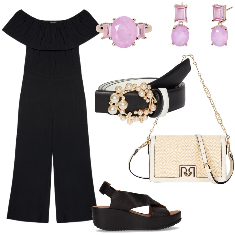 Outfit donna - Jumpsuit pratica e comoda. Stile Basic per Tutti i giorni. Abbinamento con orecchini, anelli, borse a tracolla, tute, cinture, sandali.