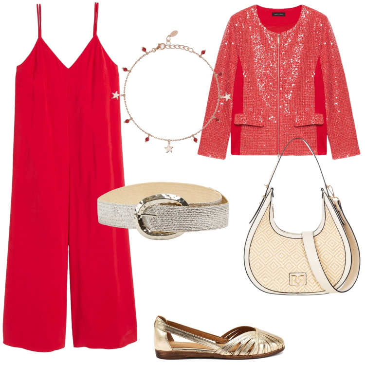 Outfit donna - Serata rosso fuoco. Stile Glamour per Serata fuori. Abbinamento con tute, cinture, braccialetti con ciondoli, borse a mano, blazer, ballerine.