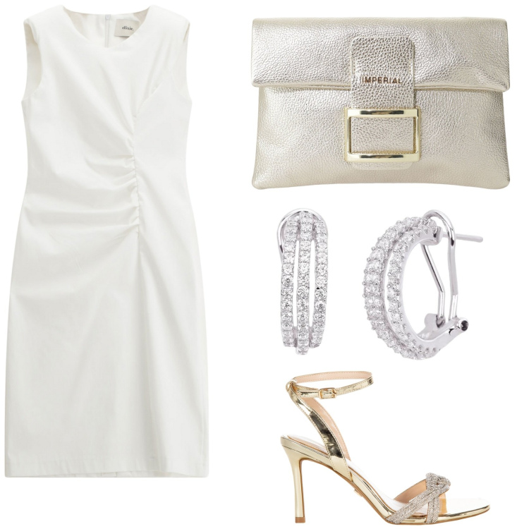 Outfit donna - Elegante ed essenziale. Stile Glamour per Serata fuori. Abbinamento con pochette, vestiti midi/longuette, orecchini, sandali col tacco.