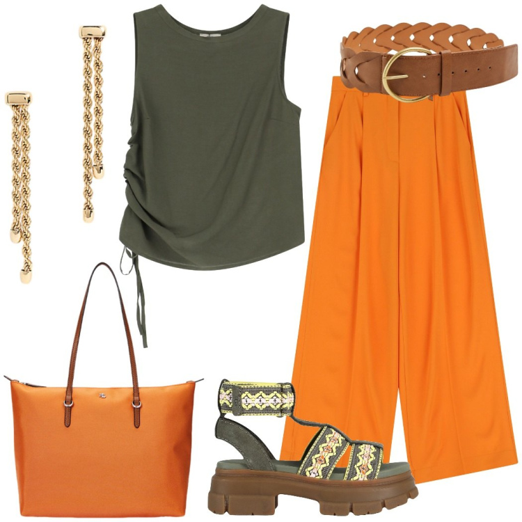 Outfit donna - Summer vibes. Stile Urban per Tutti i giorni. Abbinamento con sandali col tacco, cinture, pantaloni, top, borse tote, orecchini.