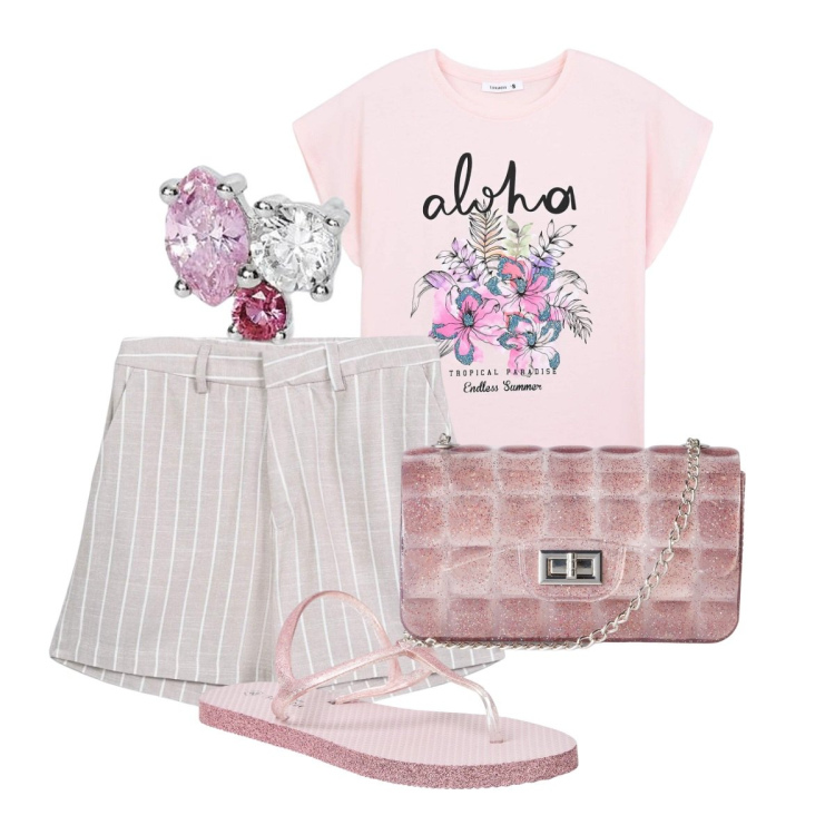 Outfit donna - Un rosa cotto al sole!. Stile Romantica per Tutti i giorni. Abbinamento con t-shirt, borse a tracolla, sandali, bermuda, orecchini.