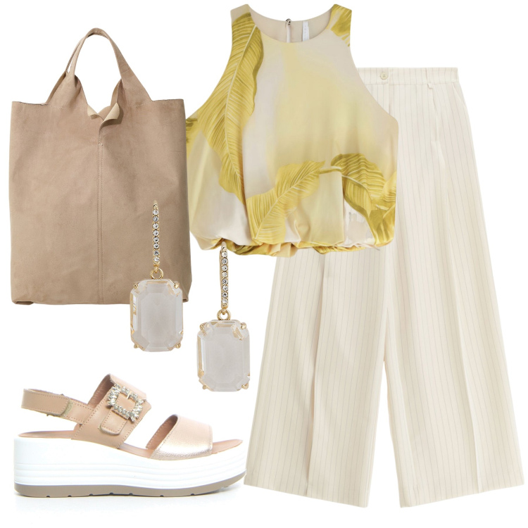 Outfit donna - Sabbia. Stile Boho per Tutti i giorni. Abbinamento con pantaloni a palazzo, top, shopping bag, orecchini, sandali.