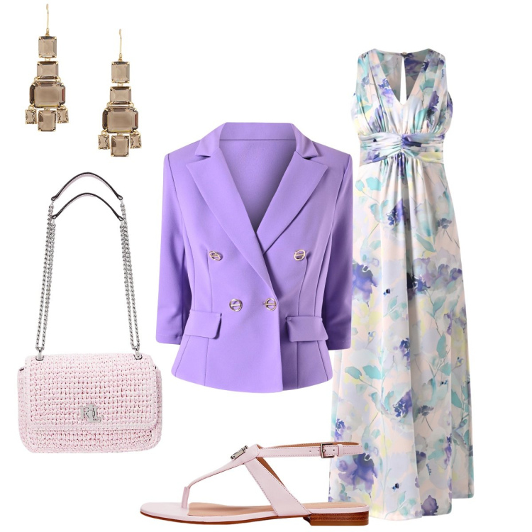 Outfit donna - Cerimonia. Stile Chic per Cerimonia. Abbinamento con vestiti lunghi, blazer, sandali in pelle, borse a spalla, orecchini.