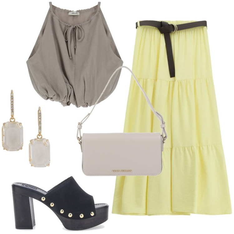 Outfit donna - La gonna lunga giallo burro. Stile Casual chic per Serata fuori. Abbinamento con borse a mano, gonne lunghe, top, orecchini, zoccoli.
