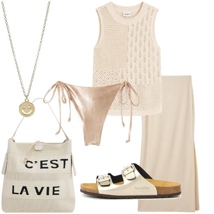 Outfit donna - Beige Chiaro: la nuova eleganza. Stile Minimal per Mare. Abbinamento con top, gonne lunghe, bikini, borse a mano, collane, ciabatte.