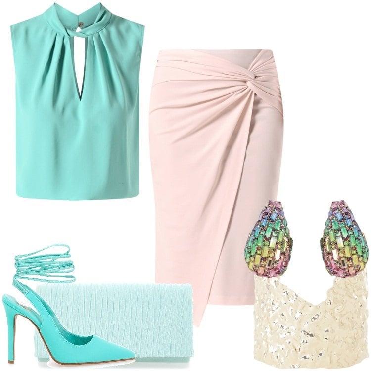 Outfit donna - Cena sul mare. Stile Chic per Serata fuori. Abbinamento con gonne, top, braccialetti, orecchini, pochette, décolleté.