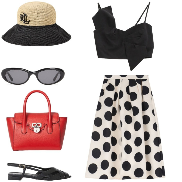 Outfit donna - Gonna a pois. Stile Bon Ton per Tutti i giorni. Abbinamento con gonne longuette, sandali, top, borse a mano, cappelli, occhiali da sole.