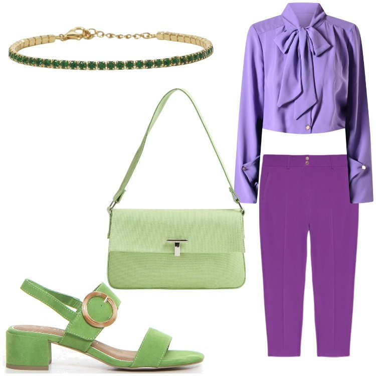Outfit donna - Coloratissima. Stile Chic per Ufficio. Abbinamento con borse a spalla, braccialetti, bluse, pantaloni chino, sandali col tacco.