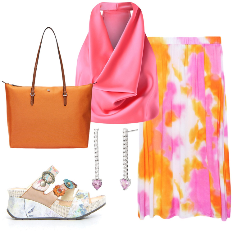 Outfit donna - Orange. Stile Bon Ton per Tutti i giorni. Abbinamento con orecchini, top, borse tote, gonne lunghe, ciabatte.