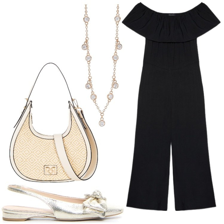 Outfit donna - Nero jumpsuit. Stile Chic per Tutti i giorni. Abbinamento con collane, borse a mano, tute, sandali in pelle.