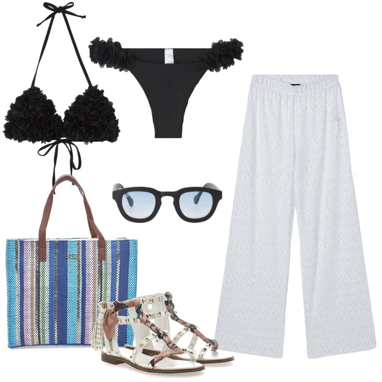 Outfit donna - Beach luglio. Stile Basic per Mare. Abbinamento con bikini, bikini, pantaloni, occhiali da sole, sandali, shopping bag.
