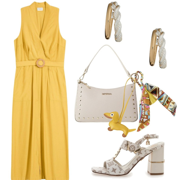 Outfit donna - Giallo zafferano. Stile Casual chic per Tutti i giorni. Abbinamento con vestiti, borse a spalla, portachiavi, orecchini, sandali col tacco.