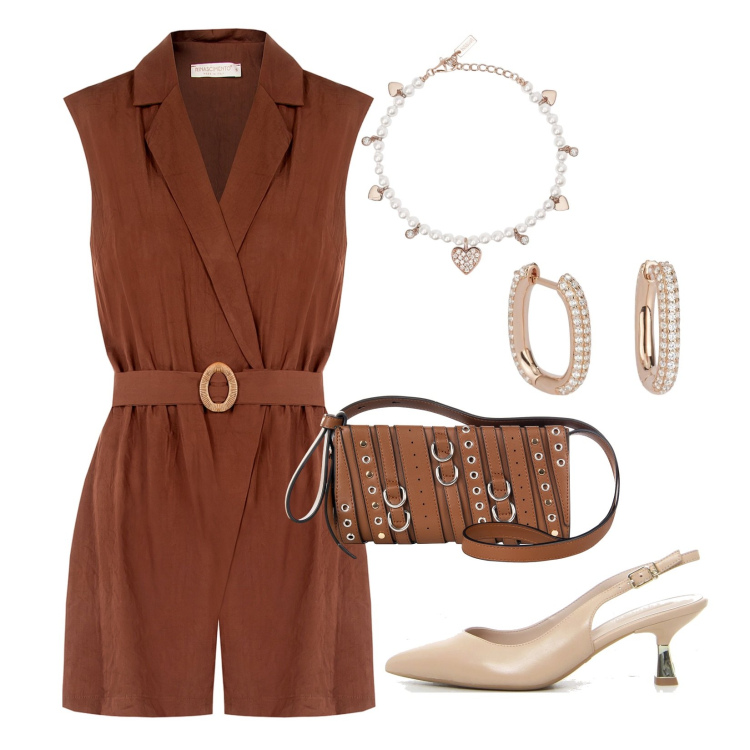 Outfit donna - Comoda e chic!. Stile Casual chic per Serata fuori. Abbinamento con tuta corta, borse a spalla, orecchini, braccialetti, décolleté.
