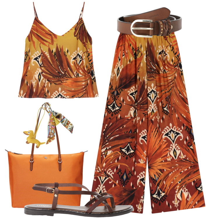 Outfit donna - Imperial etnica. Stile Etnico per Tutti i giorni. Abbinamento con cinture, pantaloni a palazzo, canottiere, sandali, portachiavi, borse tote.