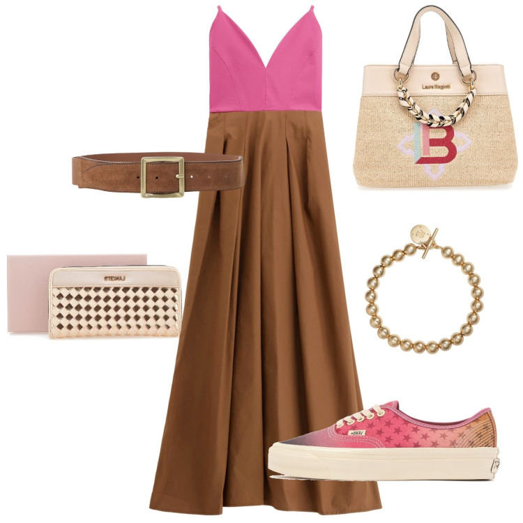 Outfit donna - Vestito lungo. Stile Casual per Tutti i giorni. Abbinamento con vestiti lunghi, cinture, braccialetti, portafogli, borse a mano, sneakers.