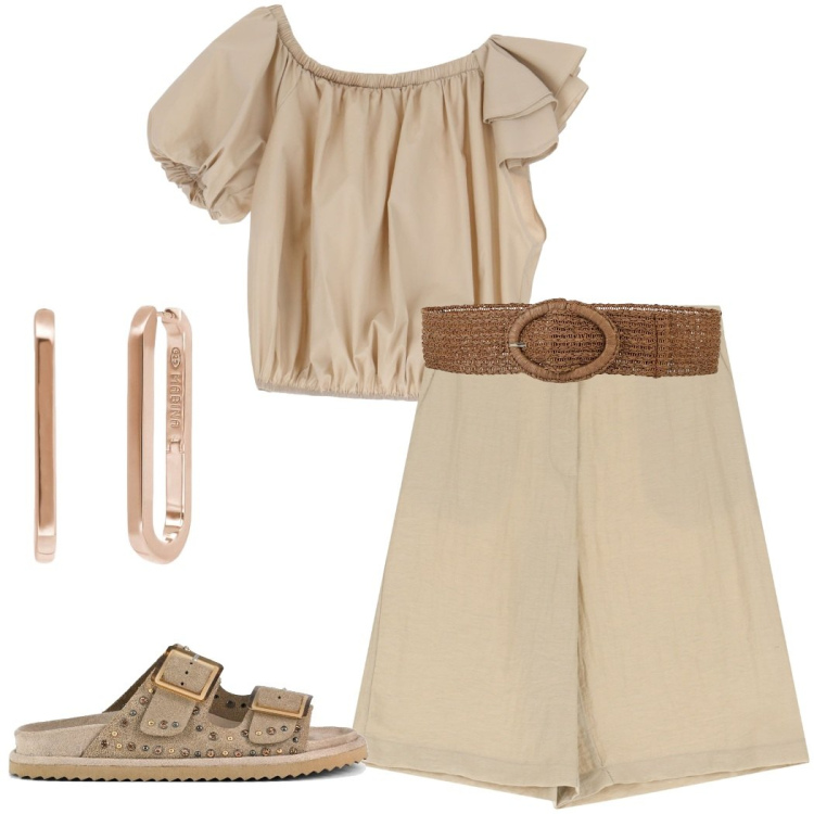 Outfit donna - Beige chiaro. Stile Casual chic per Tutti i giorni. Abbinamento con cinture, orecchini, top, shorts, sandali.
