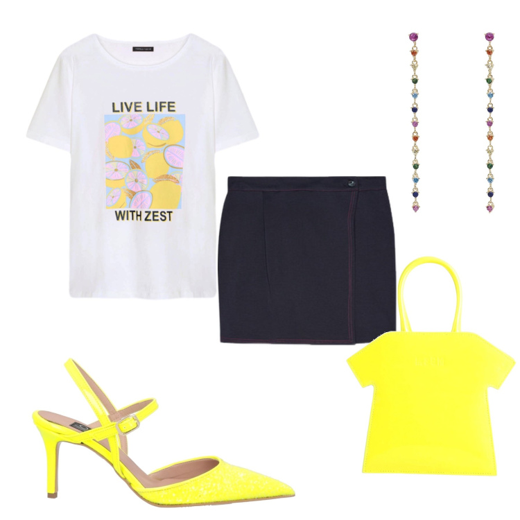 Outfit donna - Limoni. Stile Glamour per Tutti i giorni. Abbinamento con borse a mano, décolleté, orecchini, gonne, t-shirt.