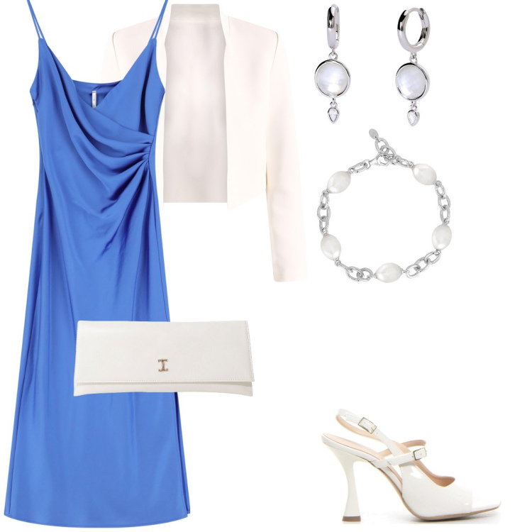 Outfit donna - Cerimonia serale. Stile Bon Ton per Cerimonia. Abbinamento con vestiti midi/longuette, pochette, orecchini, braccialetti, bolero, sandali col tacco.