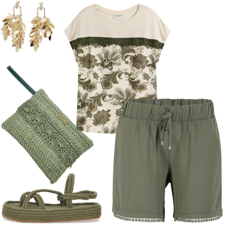 Outfit donna - Total look #2197139. Stile Basic per Tutti i giorni. Abbinamento con shorts, t-shirt, orecchini, sandali, pochette.