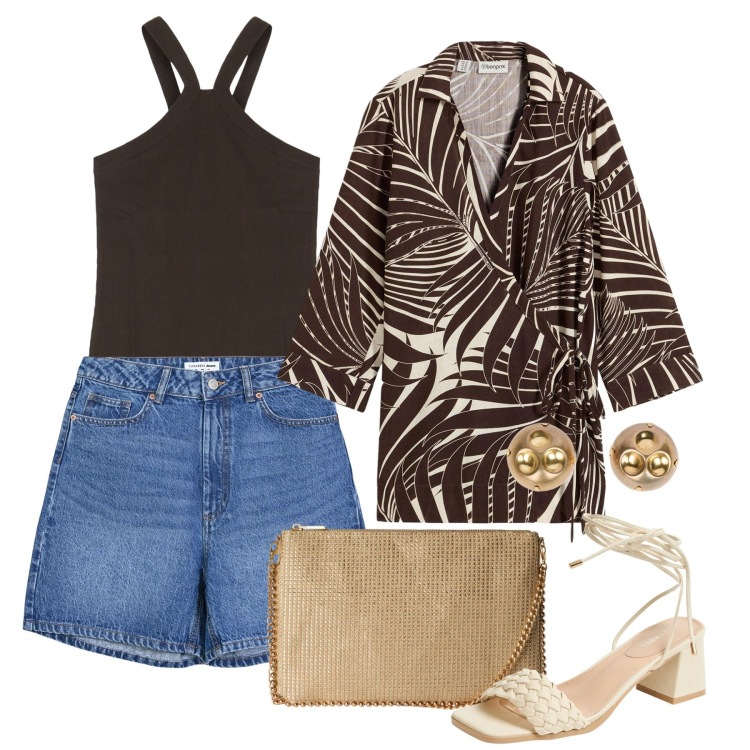 Outfit donna - Bantoa Summer Sales. Stile Casual chic per Tutti i giorni. Abbinamento con bluse, bermuda, borse a tracolla, sandali alla schiava, top, orecchini.